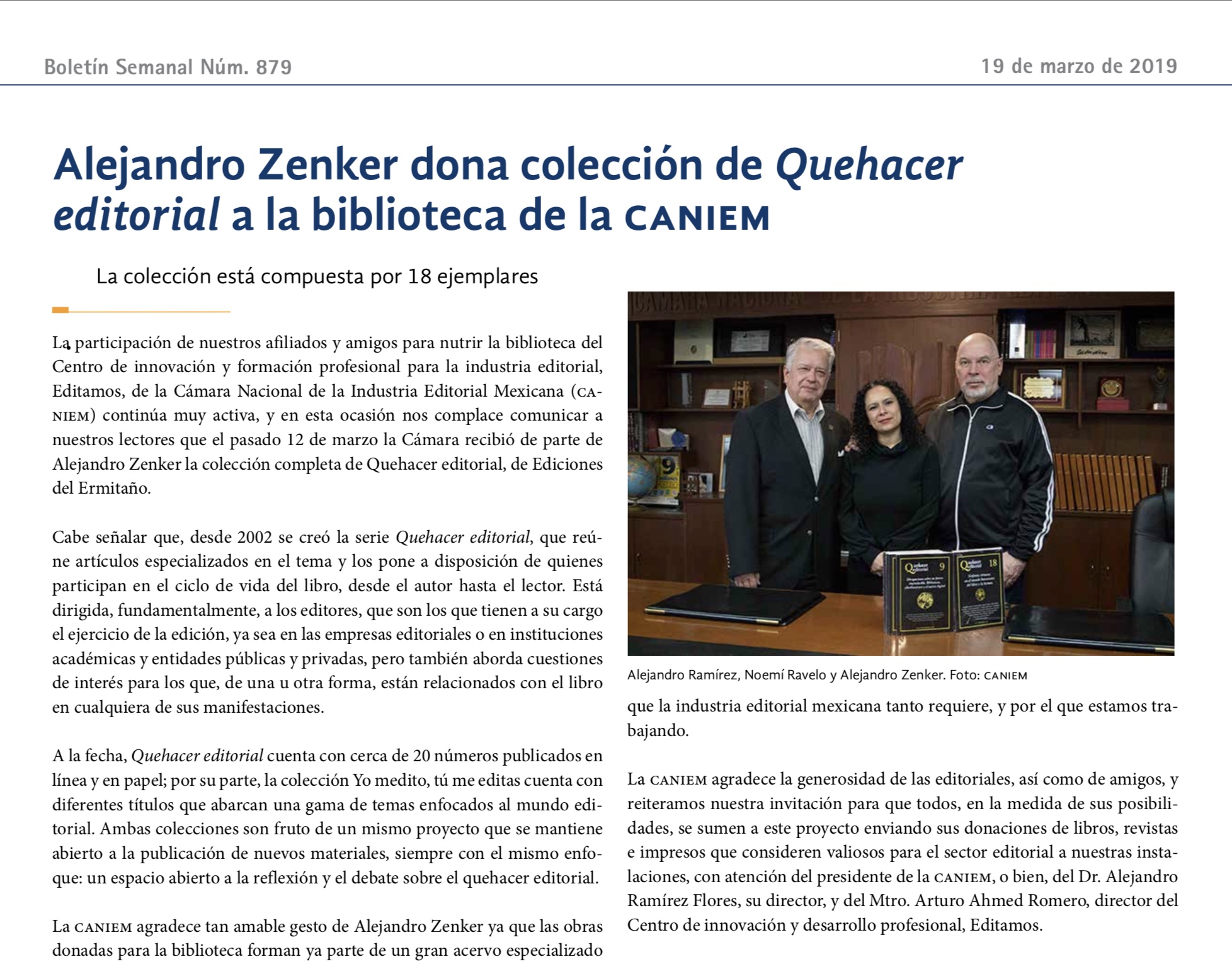 Donación de colección completa de Quehacer Editorial a la CANIEM